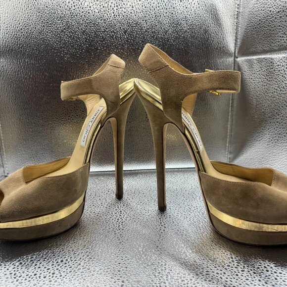 Size‎ - 40 Jimmy Choo Brown Womens Peep Toe Suede Ankle Strap Mules High Heel - Picture 4 of 9